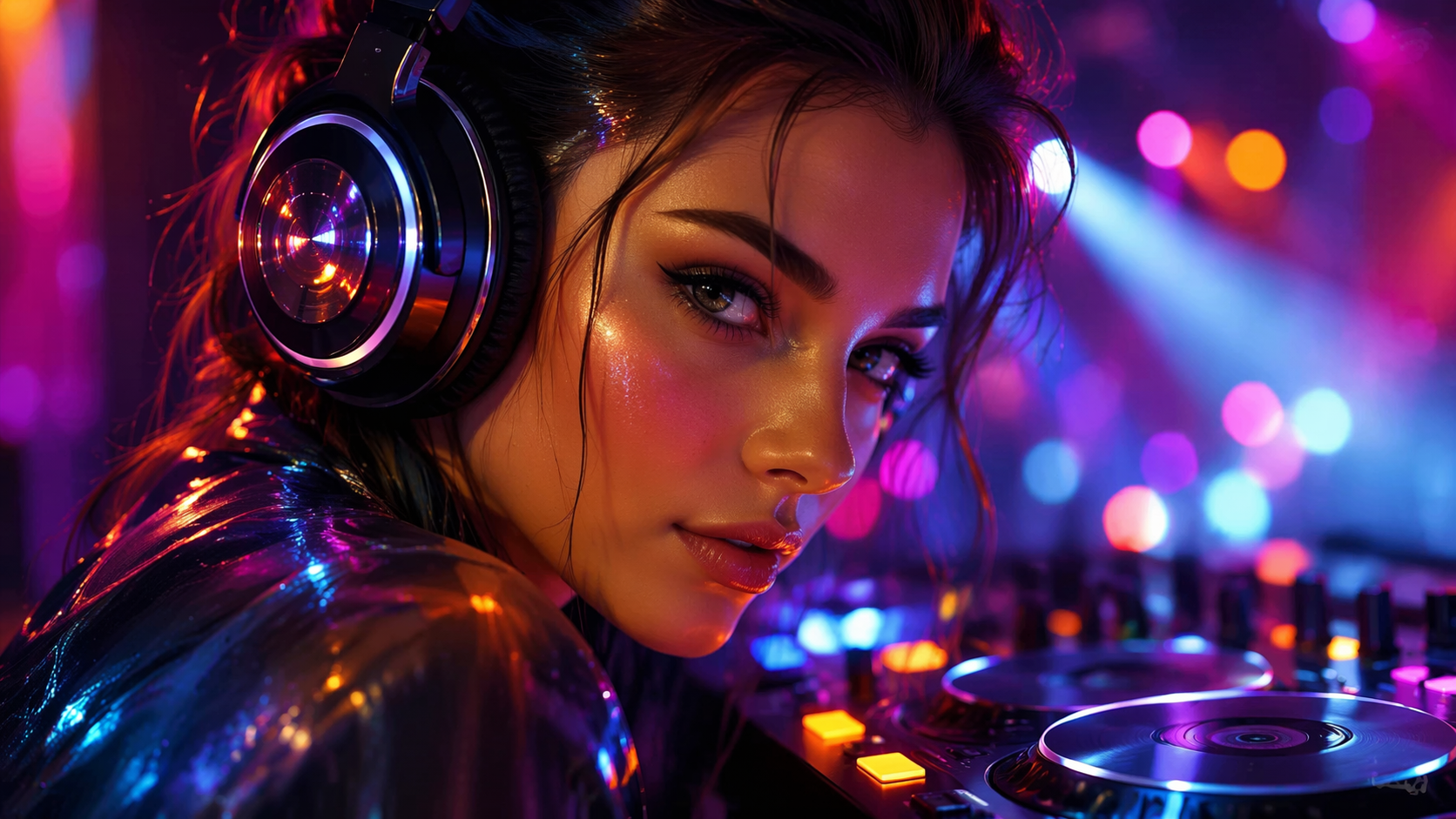 Exemple d'invite de filtre Dreamina IA DJ 1 : Portrait de stand DJ néon