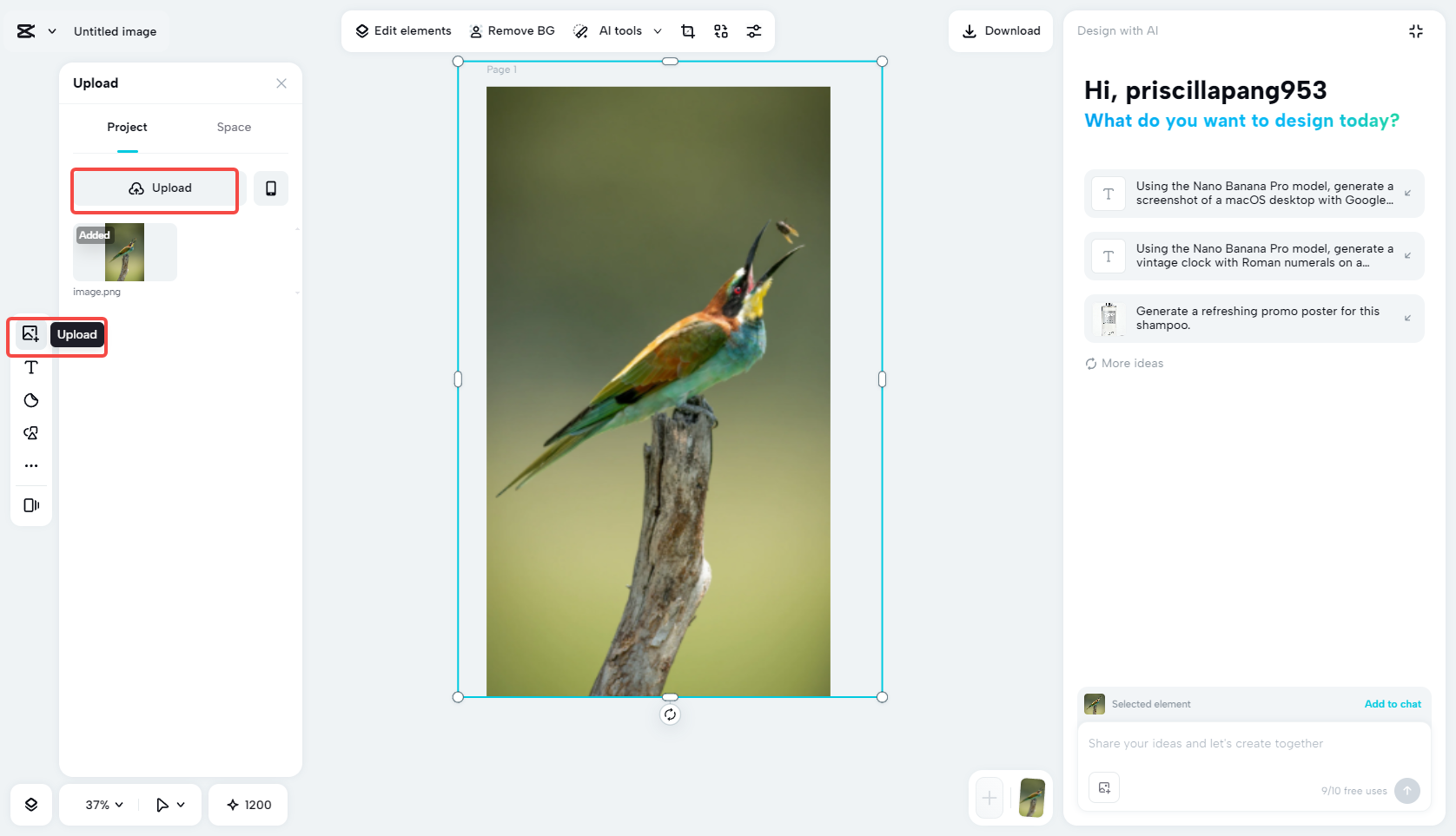 Upload an image to CapCut's AI design tool