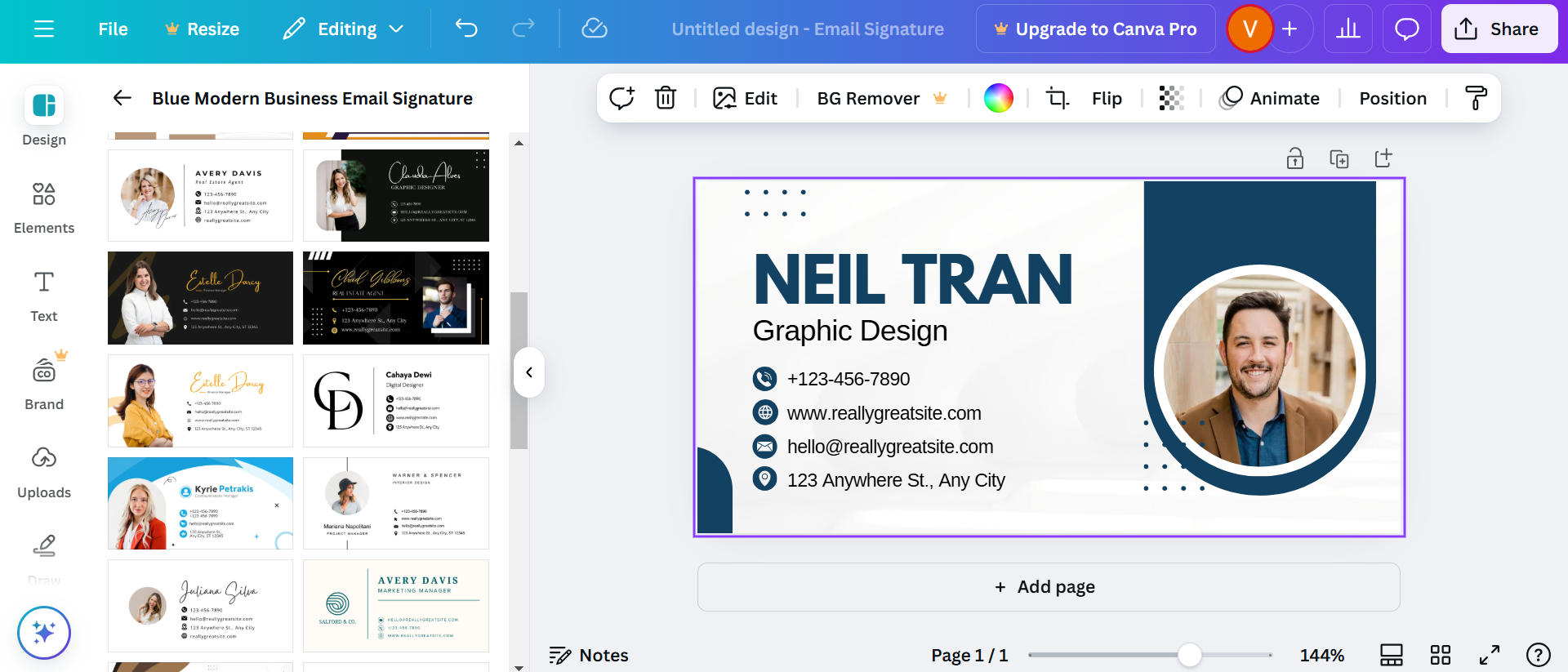 Canva's email signature interface