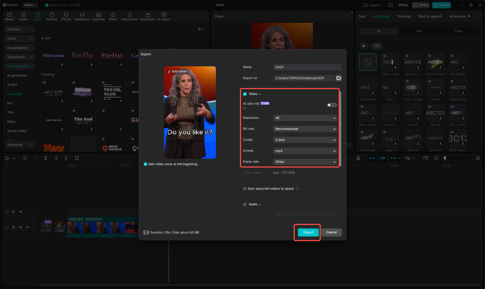 Exporting the video in CapCut