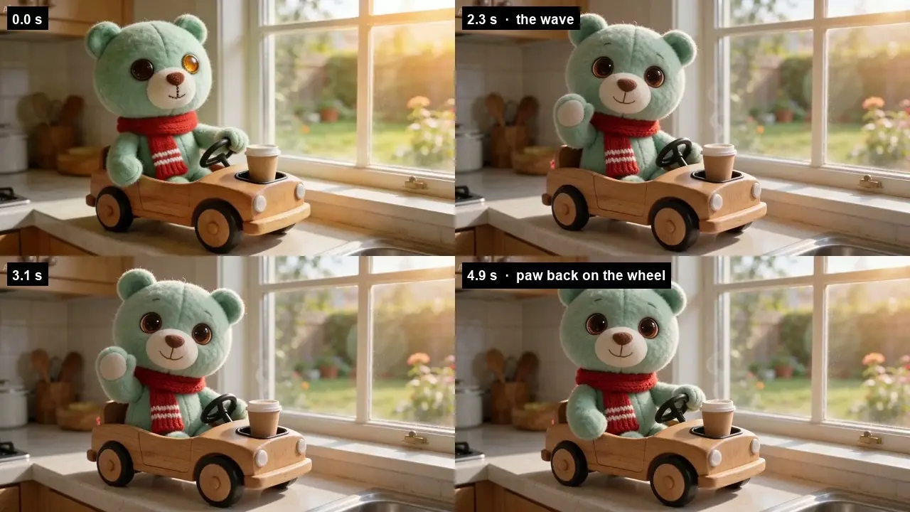 Mint teddy bear in a red scarf rides a wooden toy car by a sunny window.