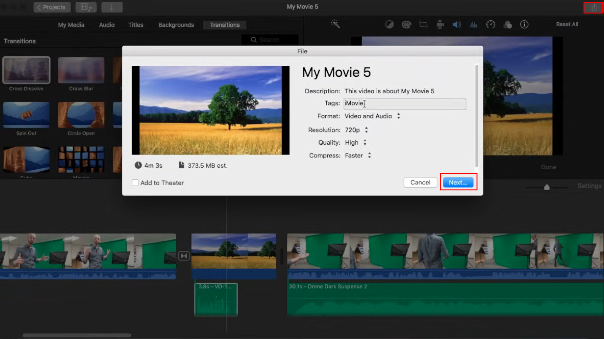 Esportazione di un video dall'editor video iMovie
