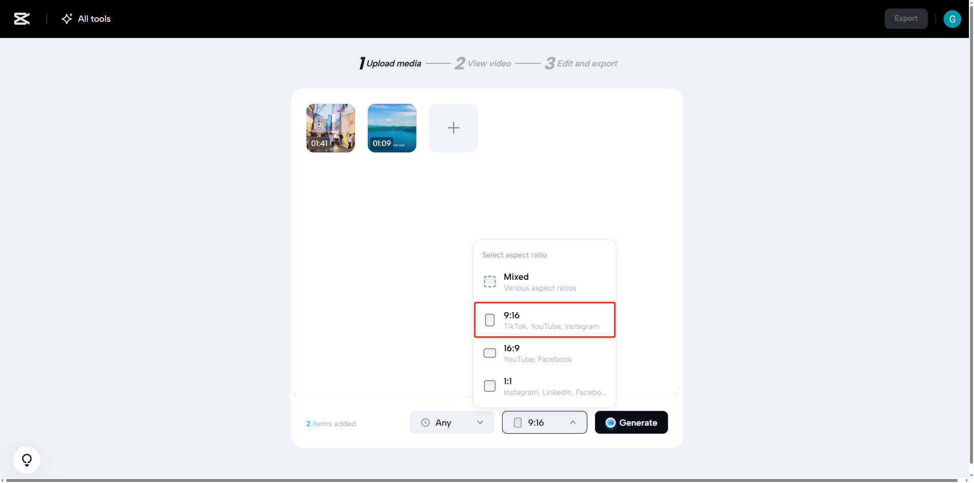 Set duration, aspect ratio and generate