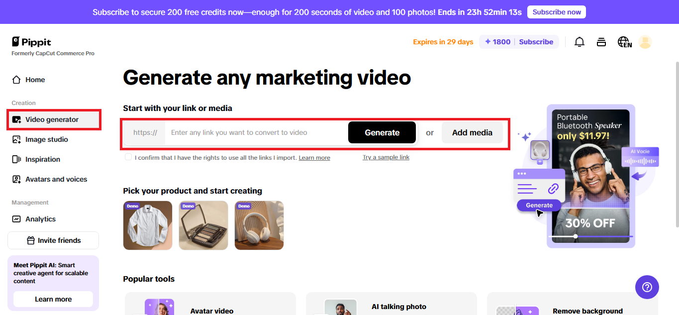 Video generator and link upload options