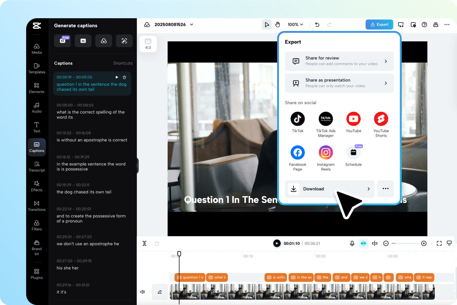 CapCut Web의 AI 자막 생성기에서 동영상 내보내기