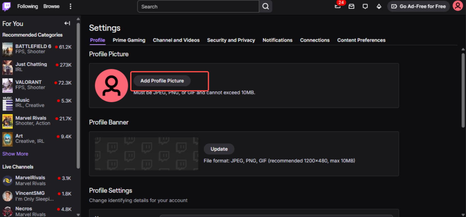 Tambah gambar profil ke Twitch