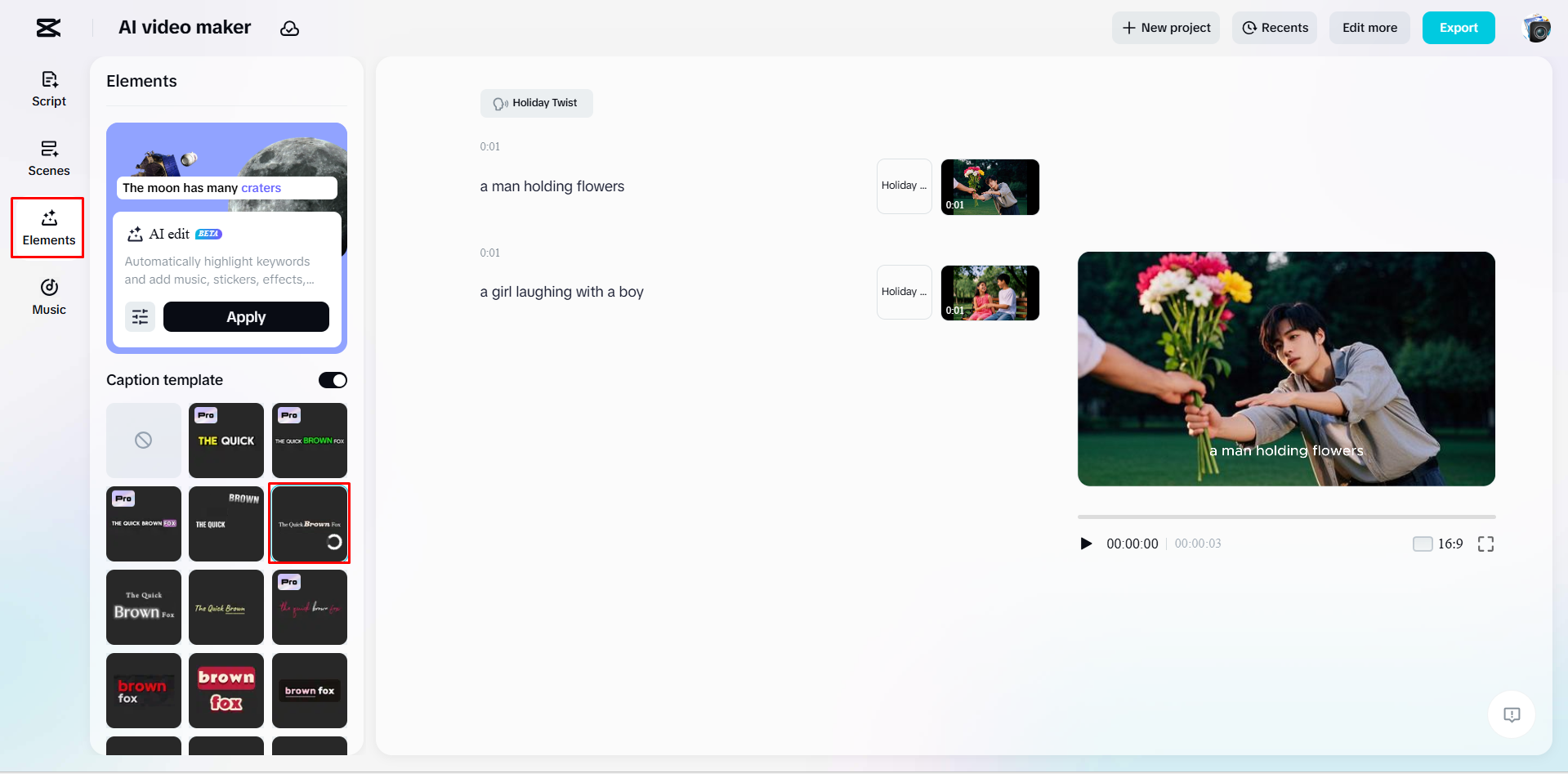Adding caption templates to a video with CapCut's AI video maker
