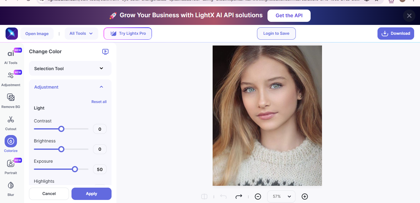 Interface of LightX - an easy-to-use eye lens editor online