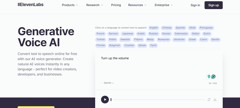 ElevenLab editor interface showcasing advanced text-to-speech WAV conversion with multiple language support 