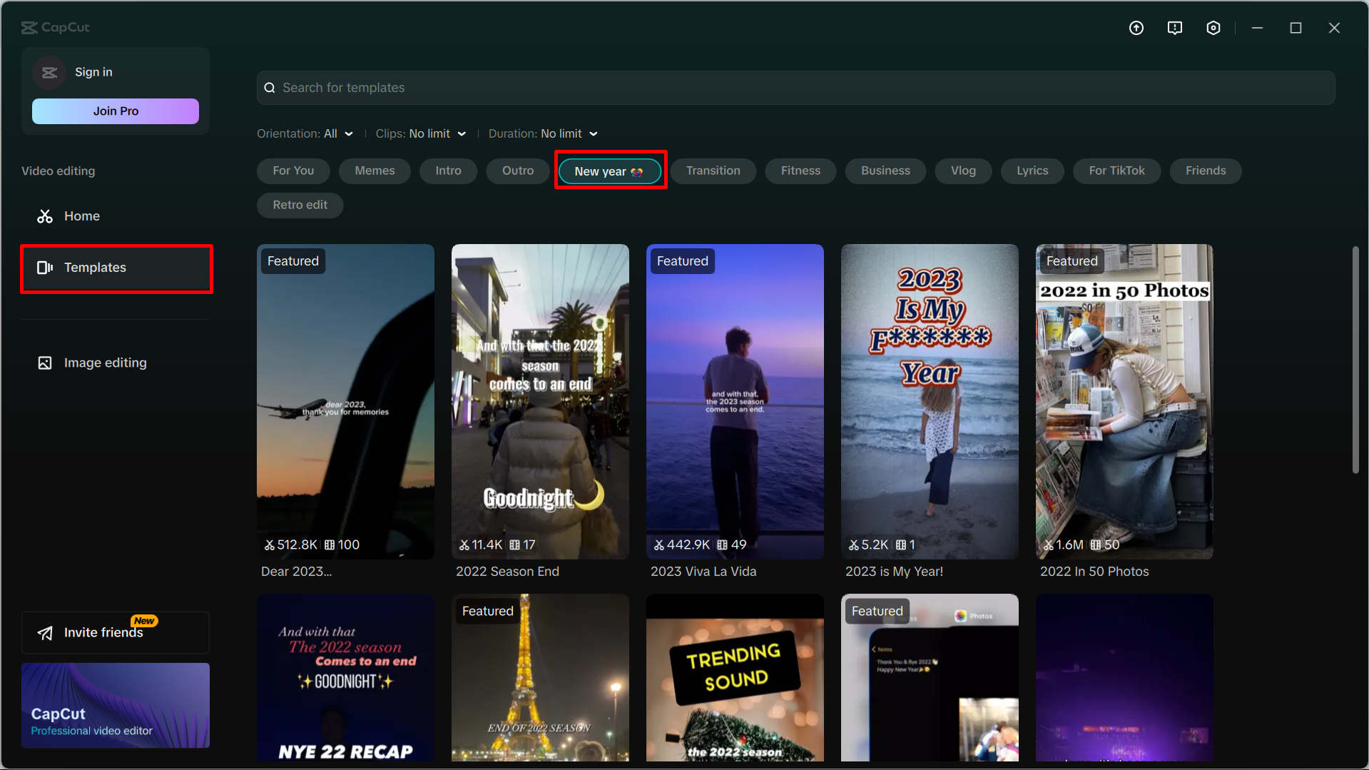Choose a new year video template in the CapCut desktop video editor