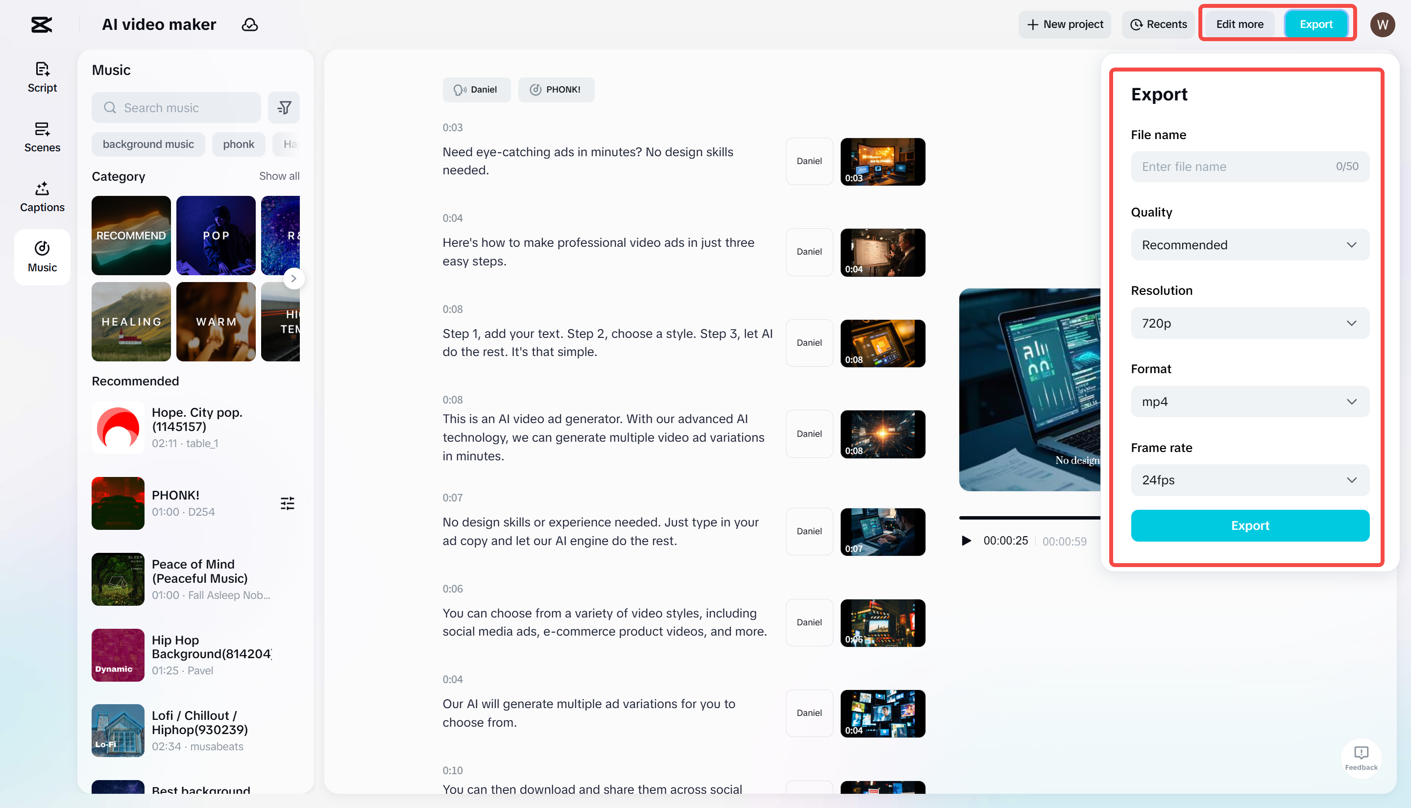 Exporting the final video from the CapCut AI video maker tool