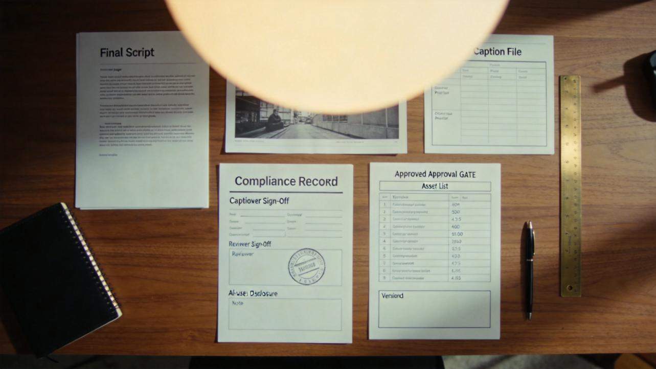 Documents labeled Final Script, Caption File, Compliance Record, and Approved Approval Gate on a desk