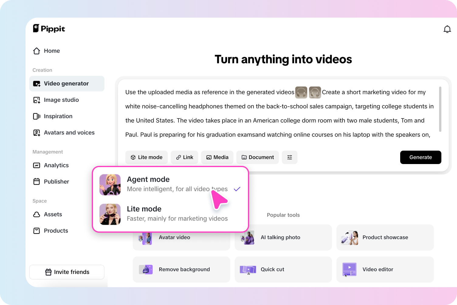 Développement de la vidéo dans Pippit