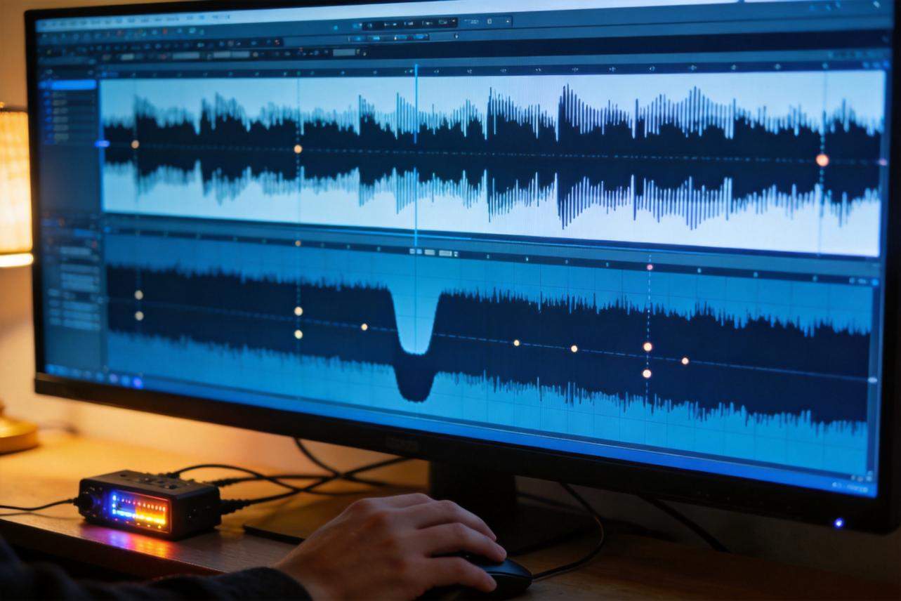 Audio editing timeline on a monitor with waveform tracks and keyframe points