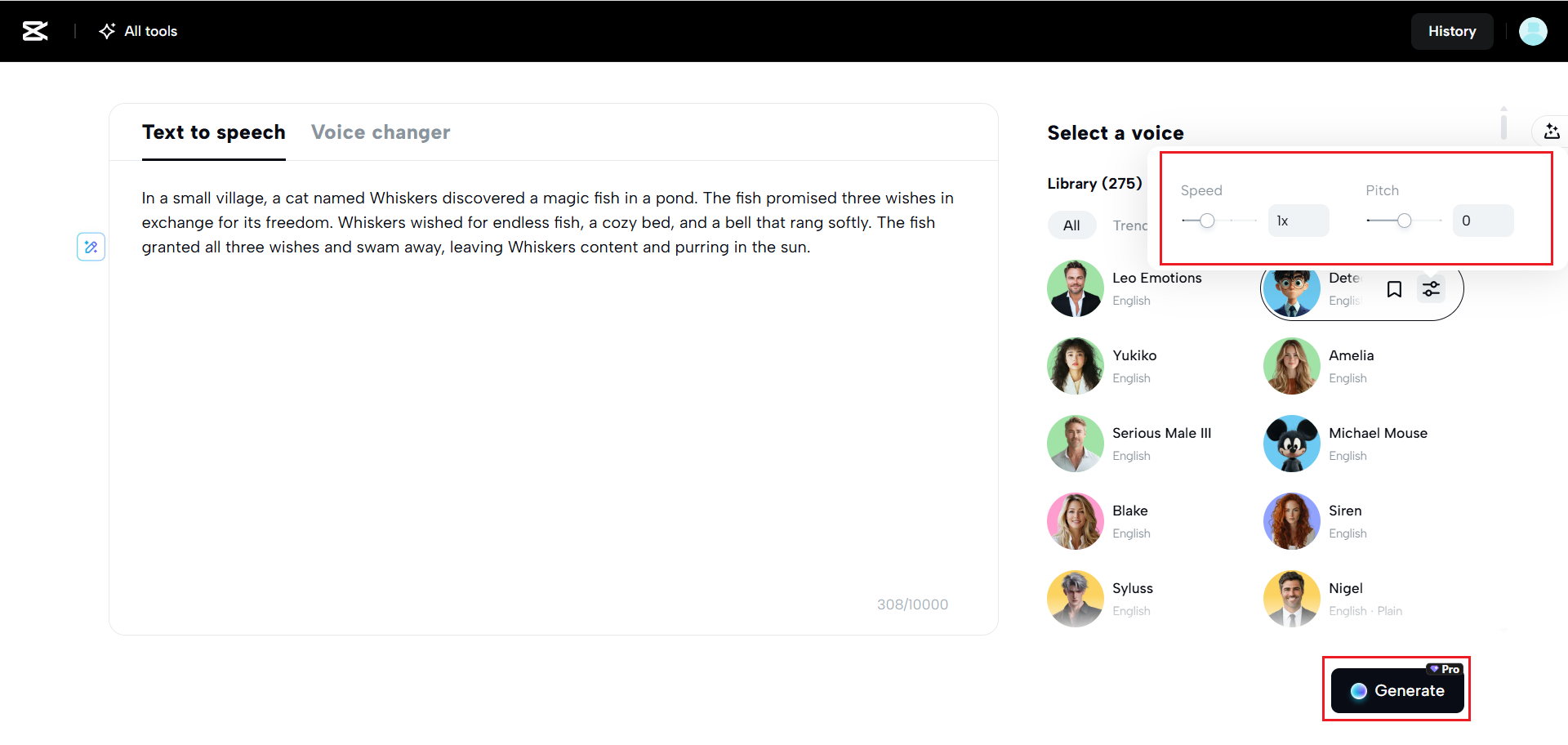 Tweak speech and pitch then generate