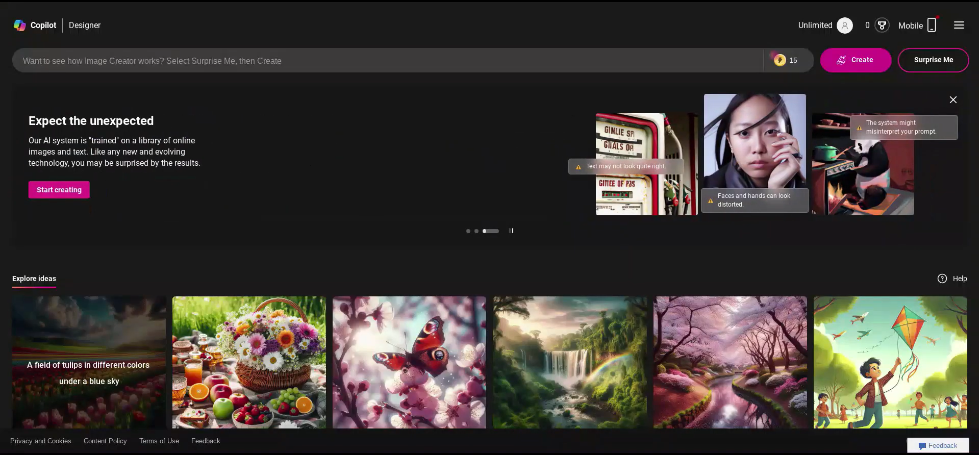 Interface of Bing Copilot AI image generator
