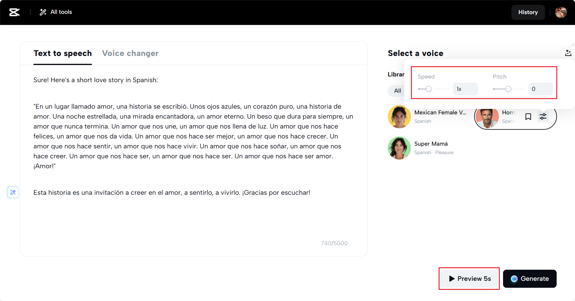 Adjusting the speed and pitch and then preview
