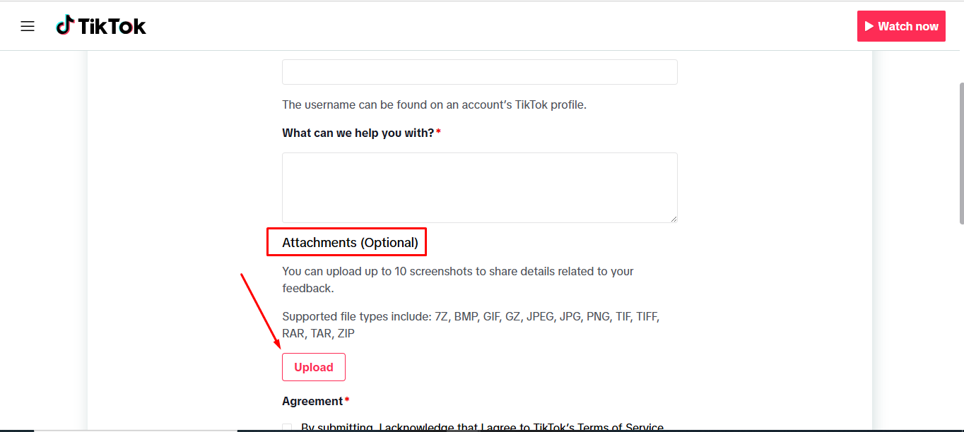 Image showing how to add supportive documents on TikTok verification form
