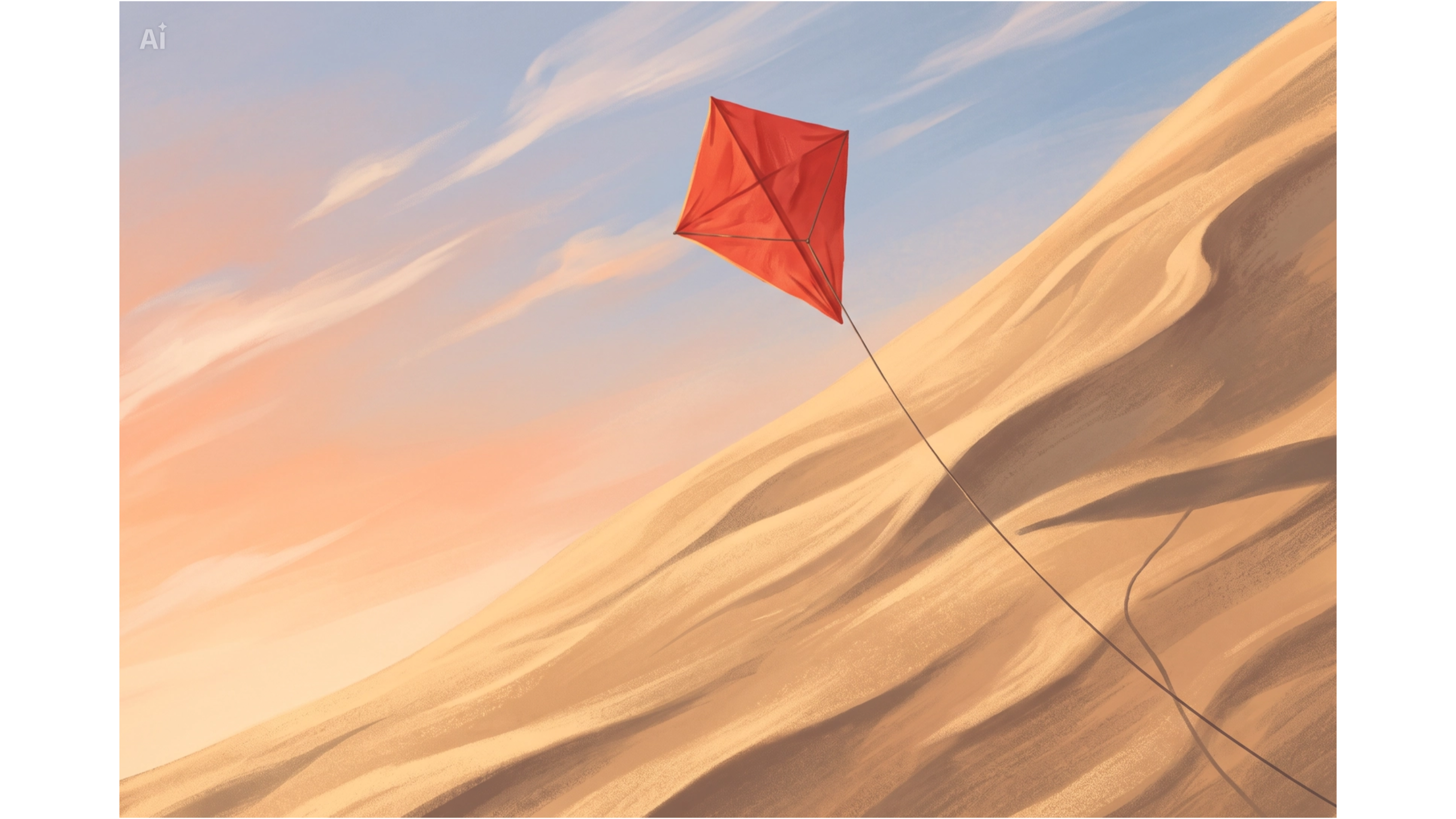 CapCut-generated red paper kite over a dune with a visible AI marker