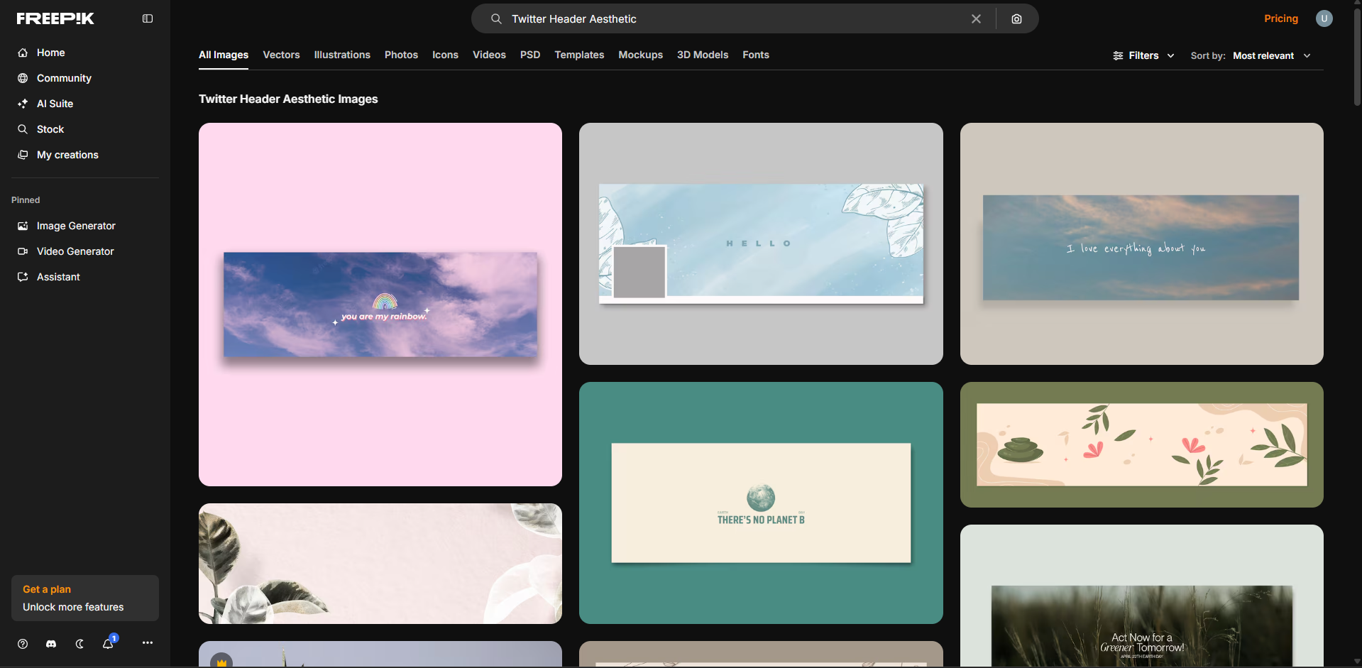 Interface of Freepik - a free resource for aesthetic Twitter headers