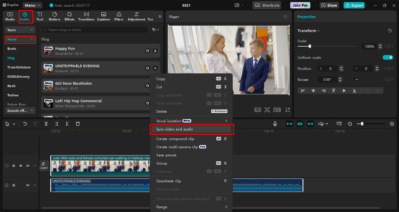 Editando la música en el video usando el CapCut editor de video de escritorio