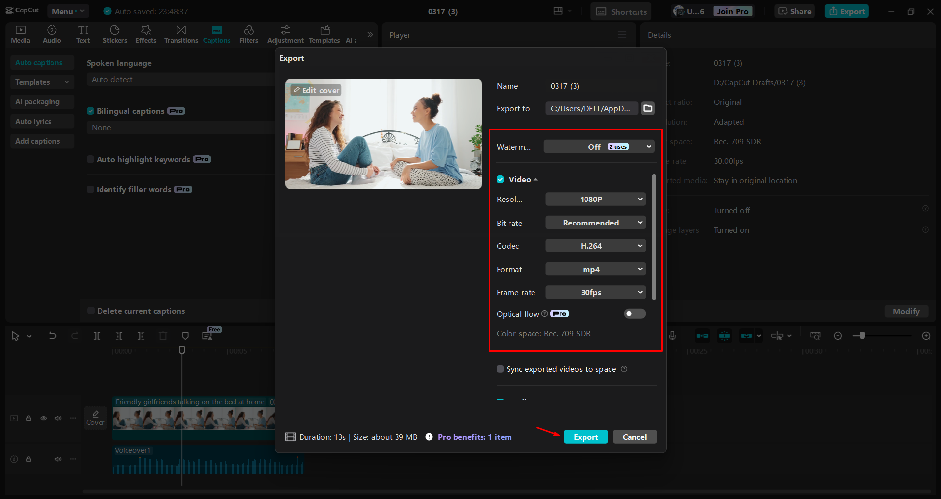 Exporting a video from the CapCut desktop video editor.