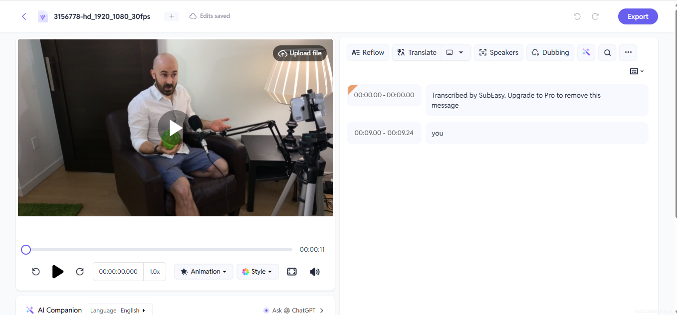 Immagine che mostra come revisionare e perfezionare la trascrizione in SubEasy AI