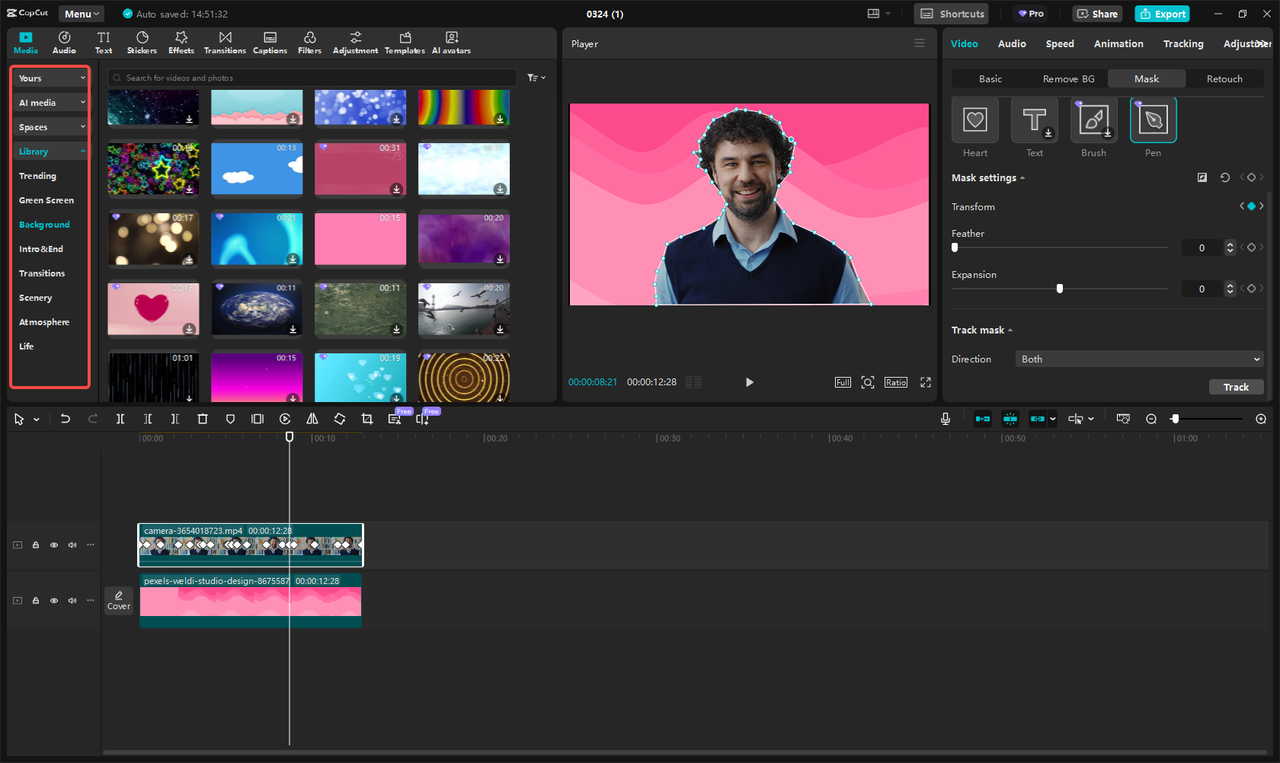 Remove the video background using the Pen mask