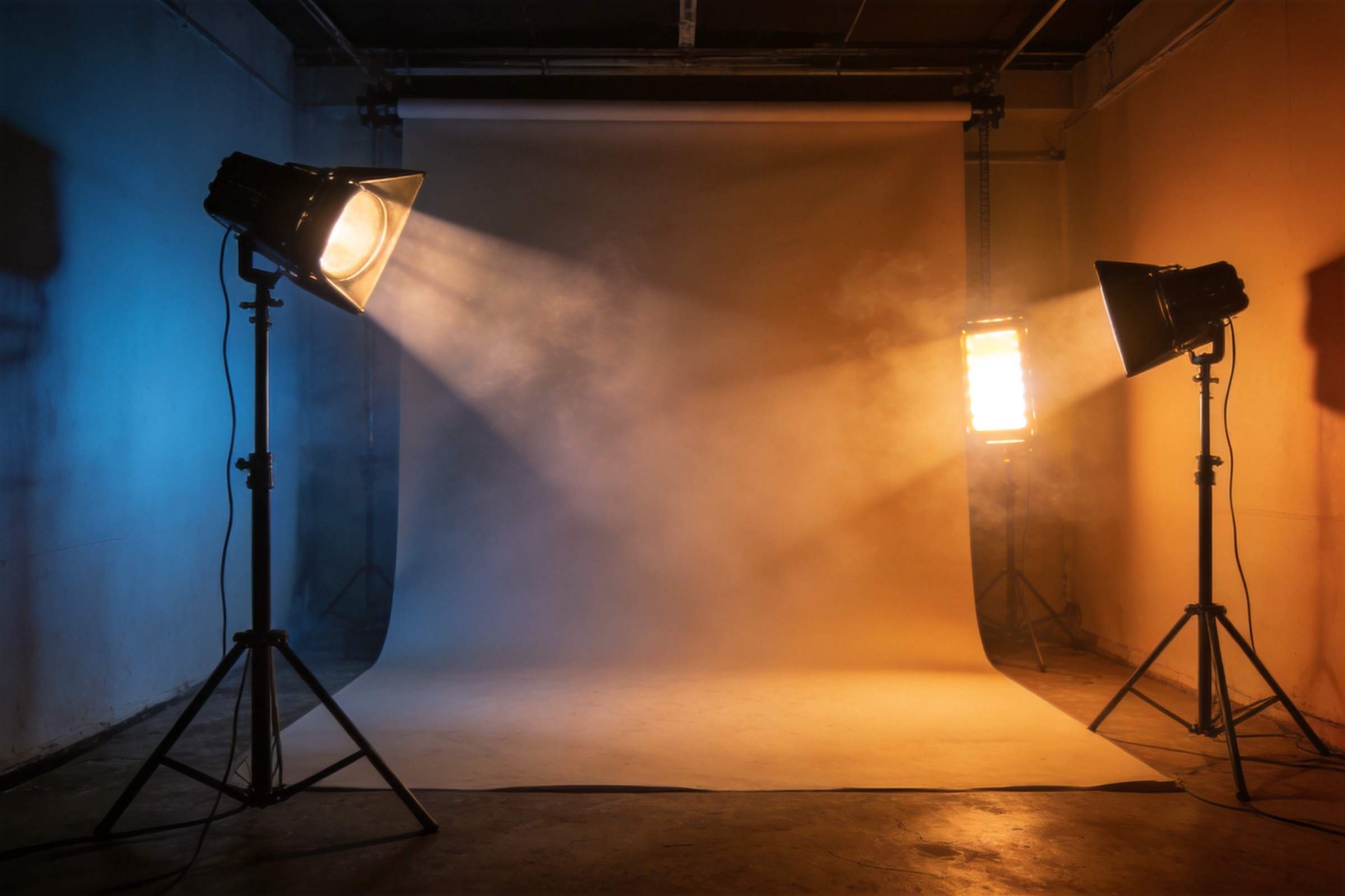 Three studio lights illuminating a photo backdrop with blue and orange tones