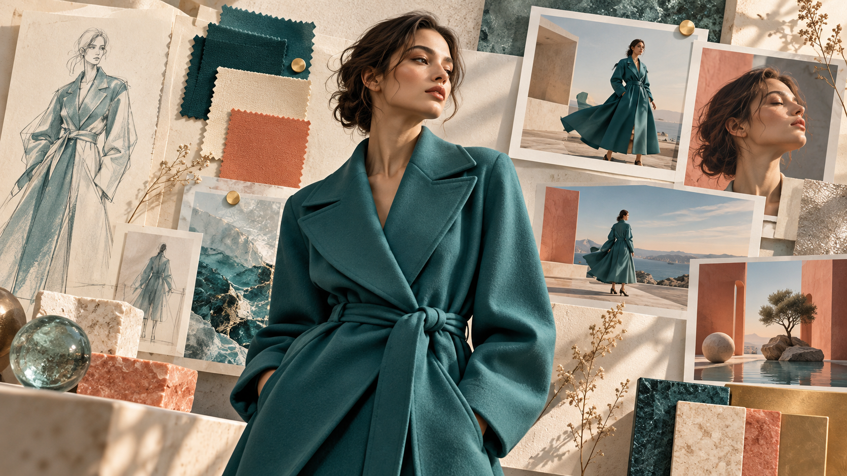 A fashion campaign board with a model, coat and fabric swatches