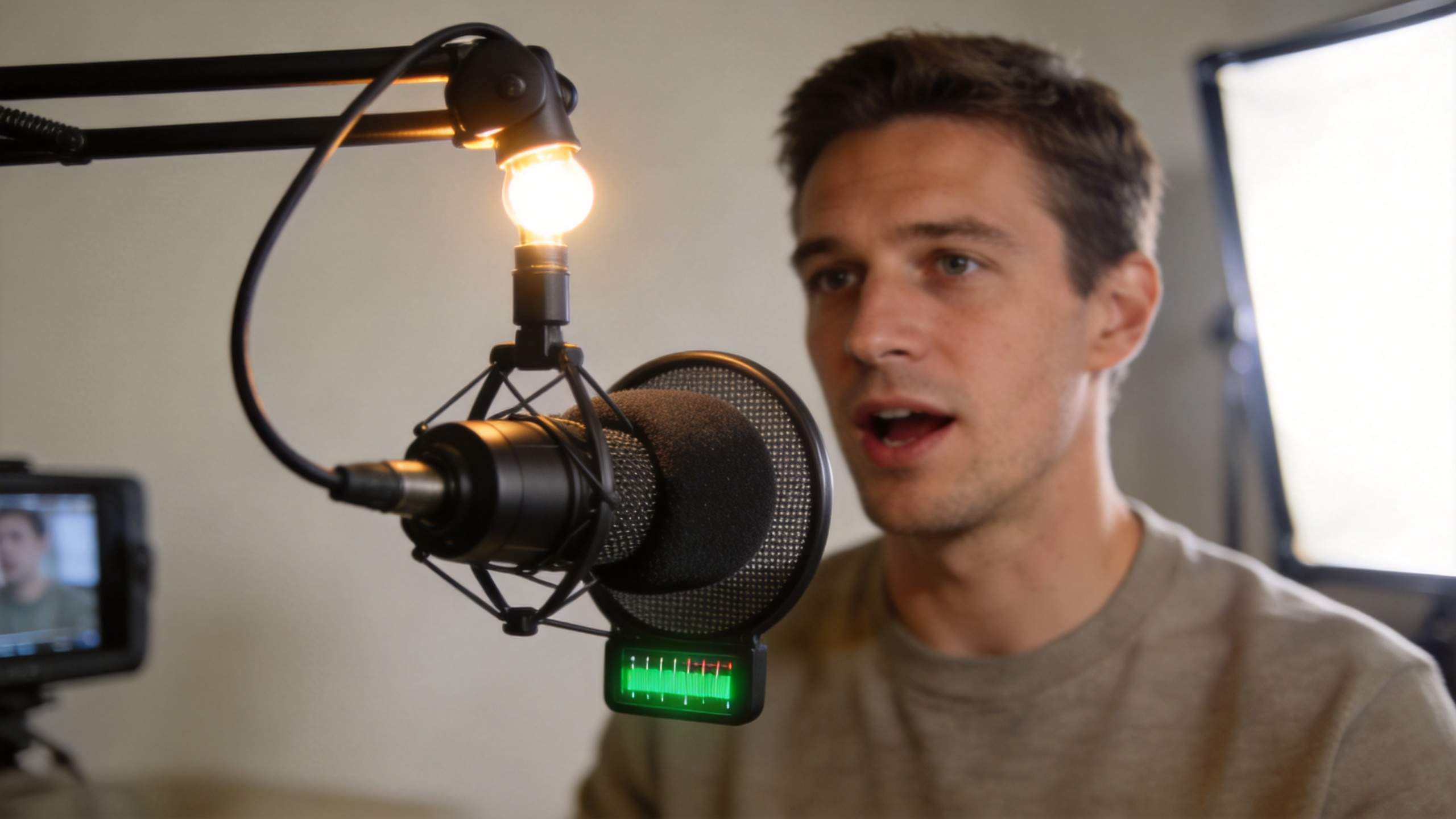 Man speaking into a microphone beside a camera and studio light