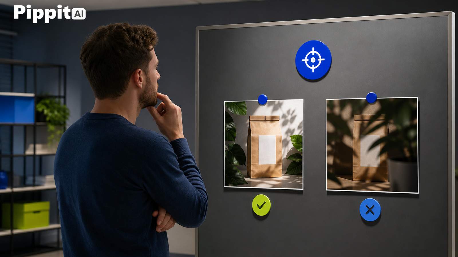 Man studies two product photos pinned to a board with target, check, and X icons