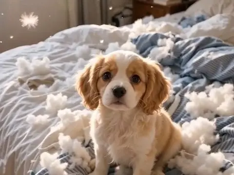 Small puppy sitting on a bed covered with fluffy stuffing and torn bedding