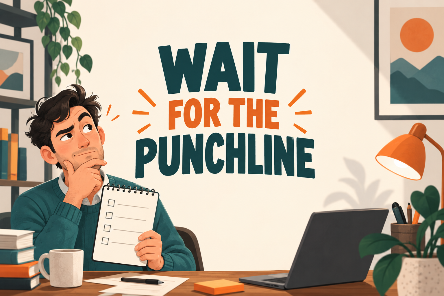 Original illustrated office worker beneath the title Wait for the Punchline