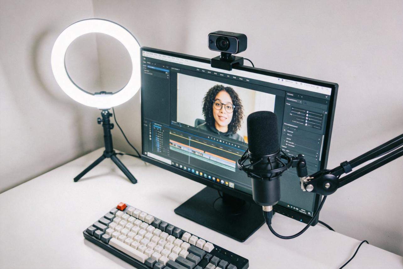 Desktop tutorial setup with monitor showing webcam footage and video editing timeline, plus ring light and microphone