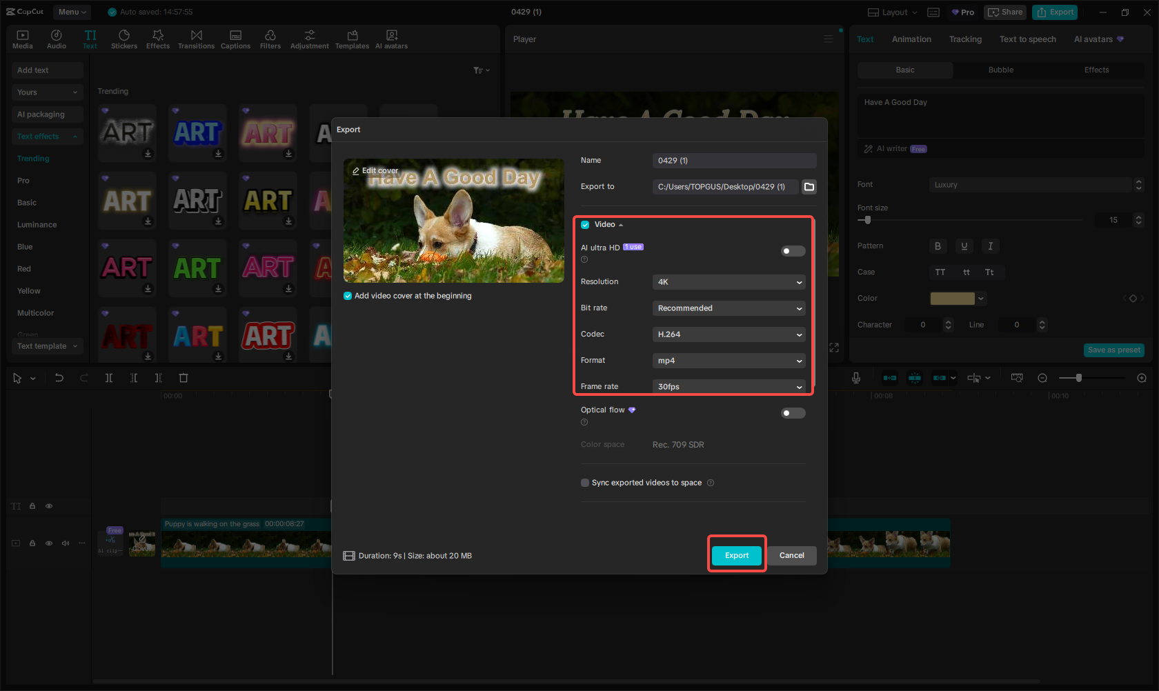 Export the video with text animation