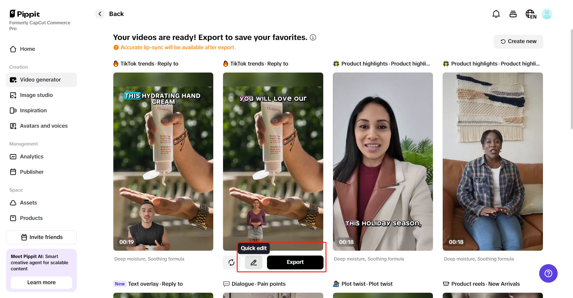 Exporting video from Pippit