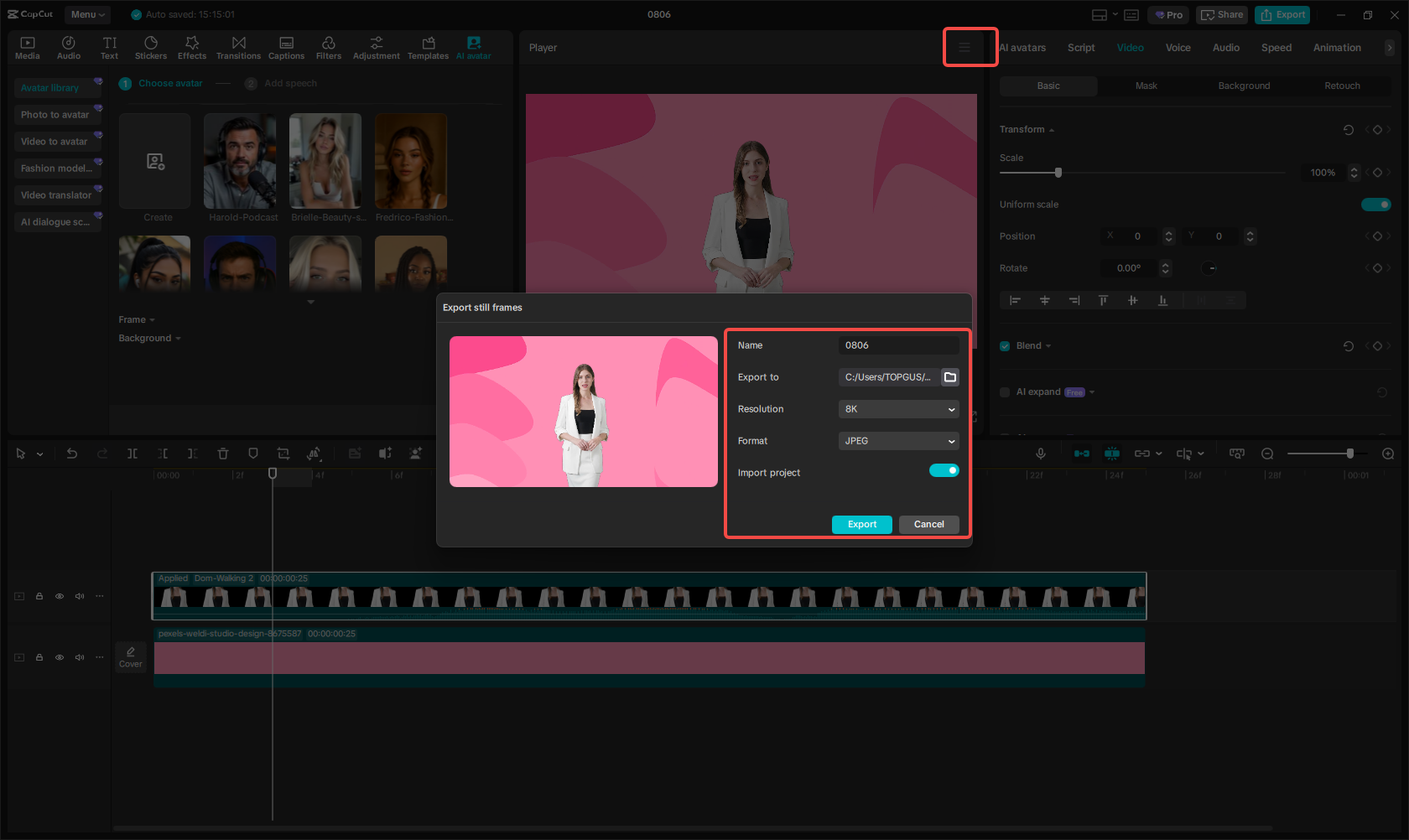 ייצוא סרטון אוואטר ב-CapCut