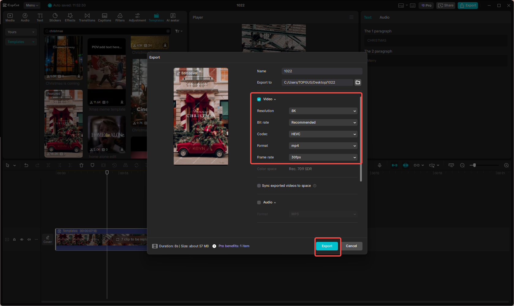 Exporting the Christmas slides in CapCut
