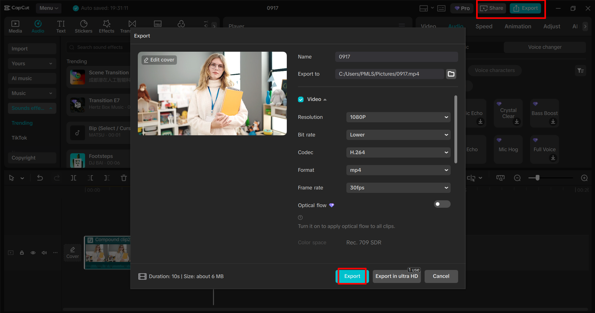 Exporting the video from the CapCut desktop video editor