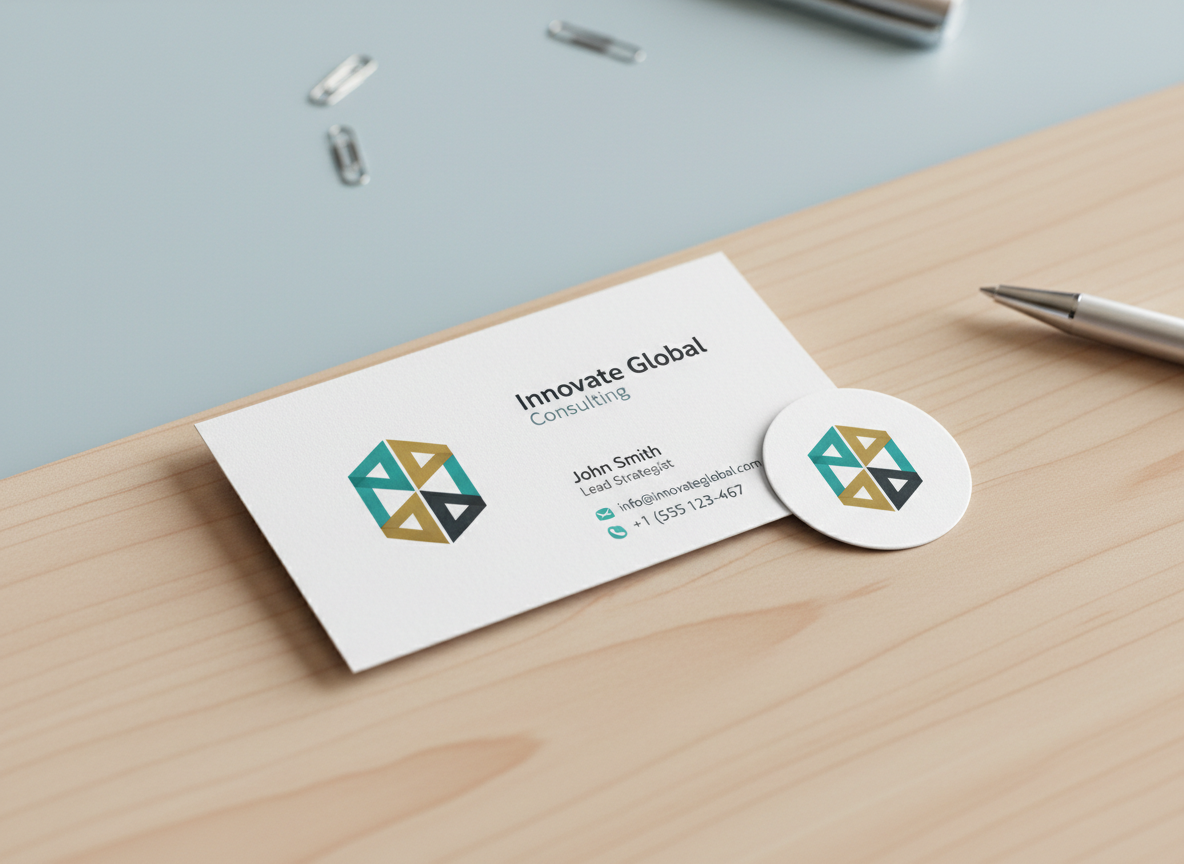 AI design platform business card and round sticker mockup with transparent logo PNG and clean edges, print-ready.