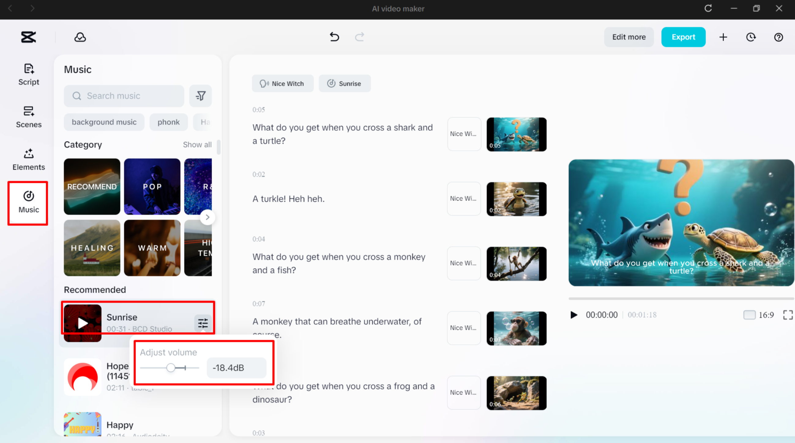 Adding the background music to the AI-generated video in CapCut's AI video generator