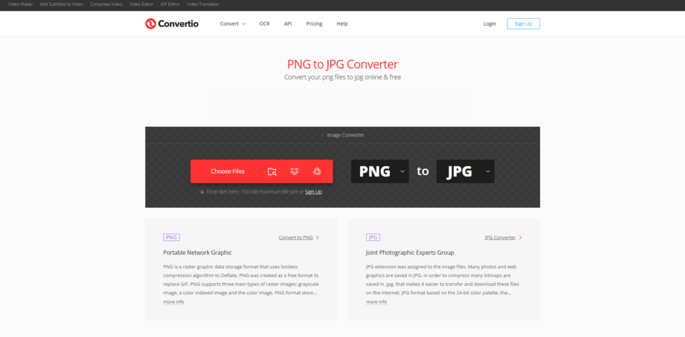 Interface of Convertio - another free PNG to JPG converter