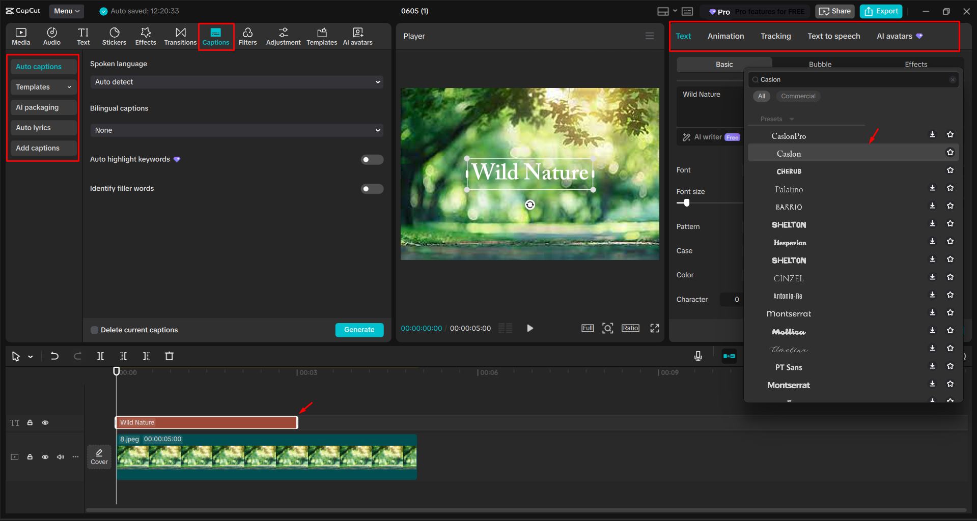 Adding Caslon fonts to a video with the CapCut desktop video editor