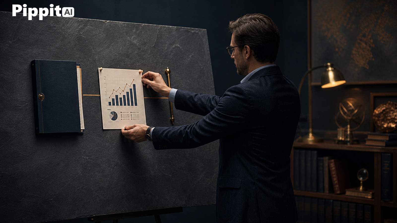 Man in a suit pinning a sales chart on a dark board in an office