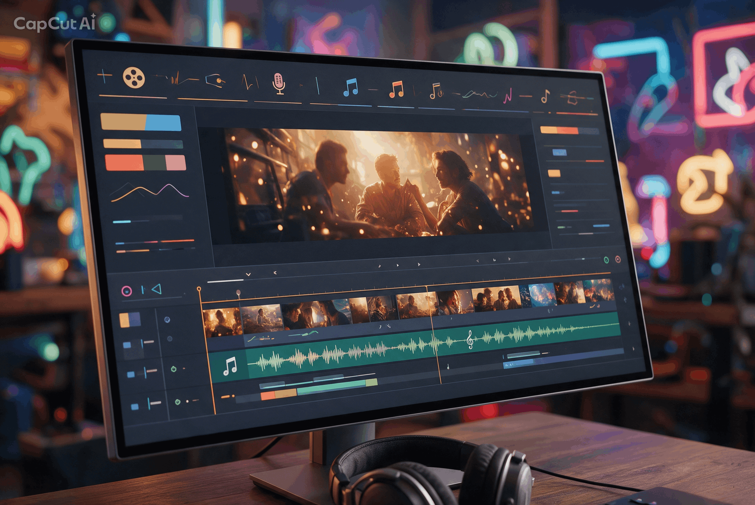 Linha do tempo do CapCut Desktop com controles de conversão de texto em voz e edição de vídeo
