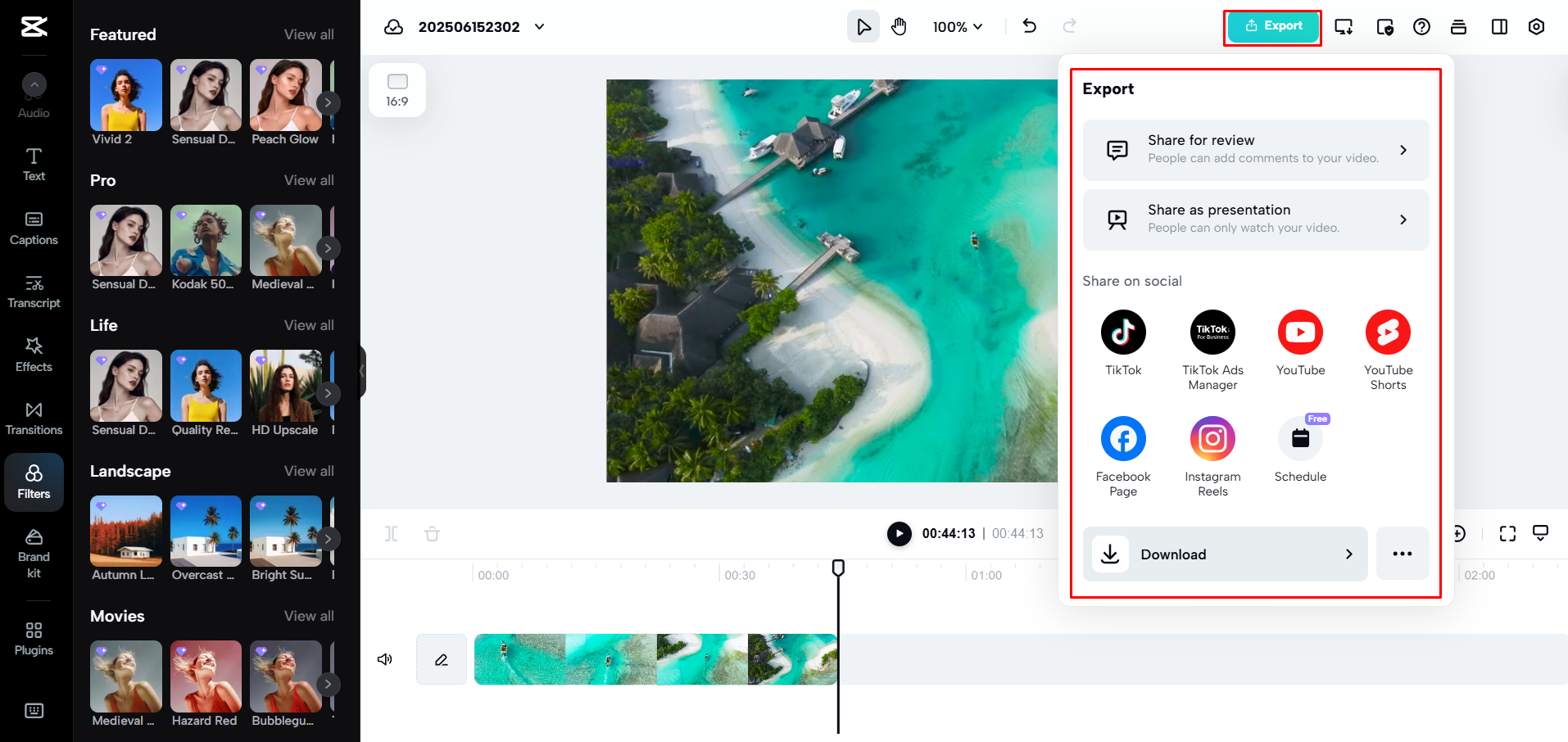 Mengeksport video daripada CapCut Web