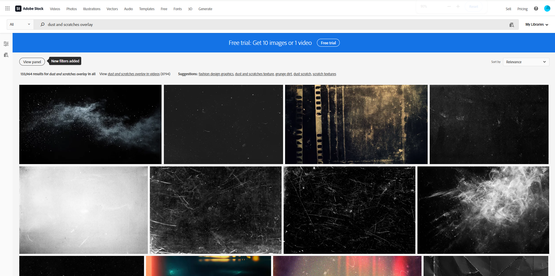 Interface of Adobe Stock - an ideal platform for free dust and scratches overlays