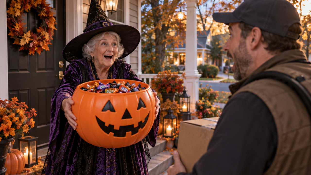 A fictional elderly woman in a witch hat holding a giant pumpkin bucket, porch camera wide angle, surprised adult delivery visitor, warm playful autumn light