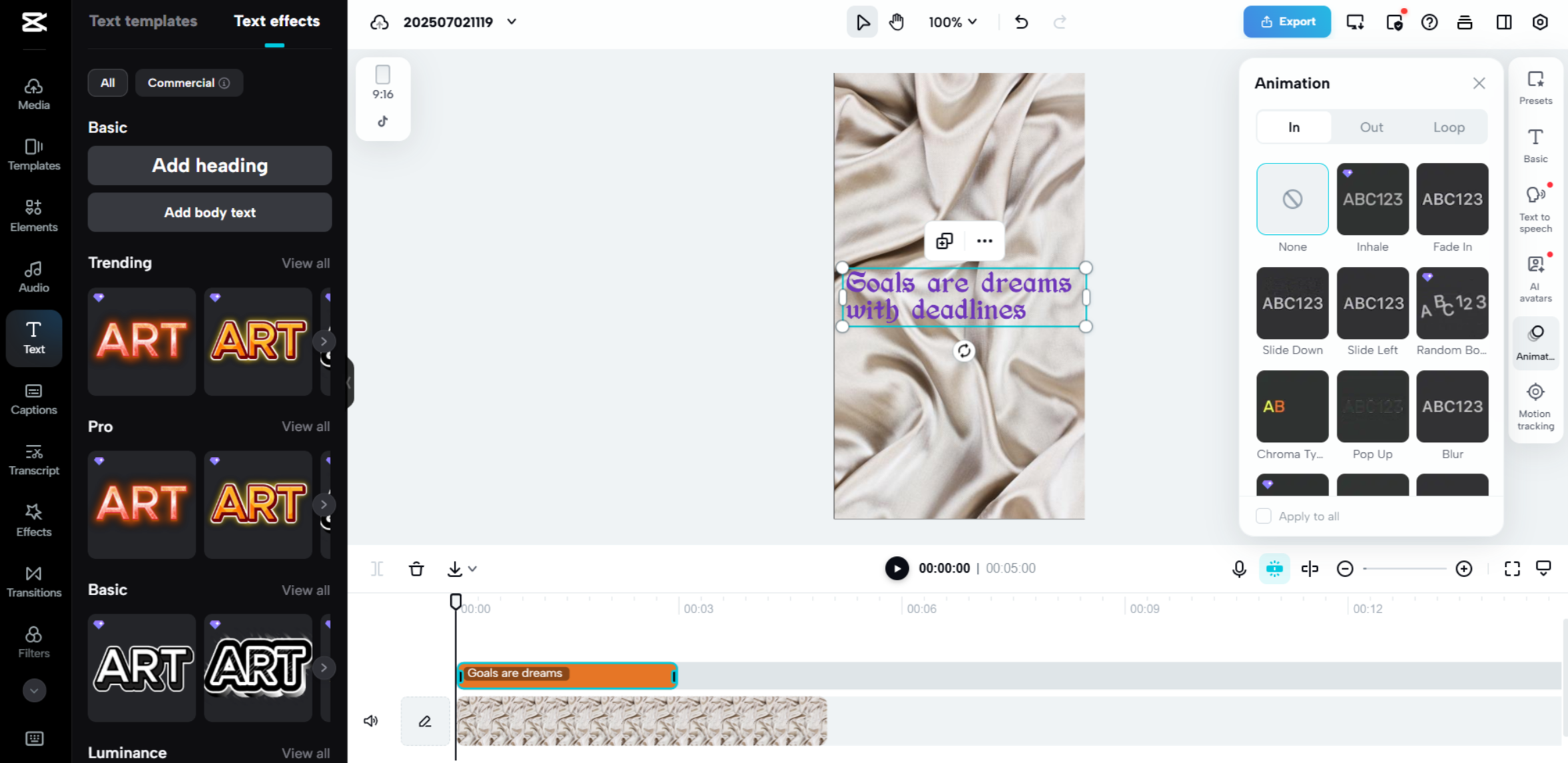 Interface of the CapCut Web - the ideal tool to add the best motivational captions in Instagram Reels